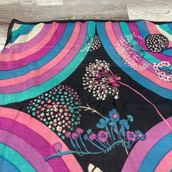 Vintage Milanowek Silk Scarf Black Mod Floral Rainbow Print 70s Square 24x25 - Picture 3 of 9